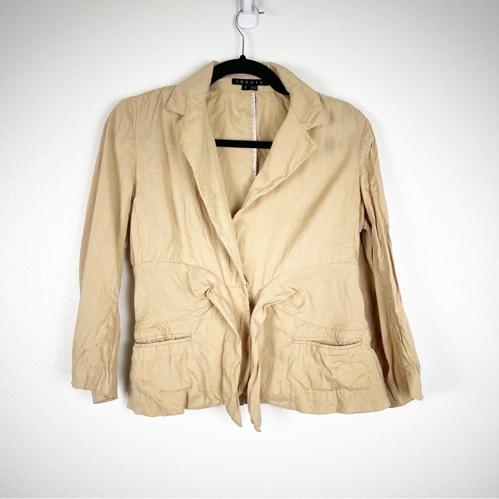 Theory Tan Linen Blend Tie Front Blazer Jacket Womens 2 Short‎ Peak Lapel